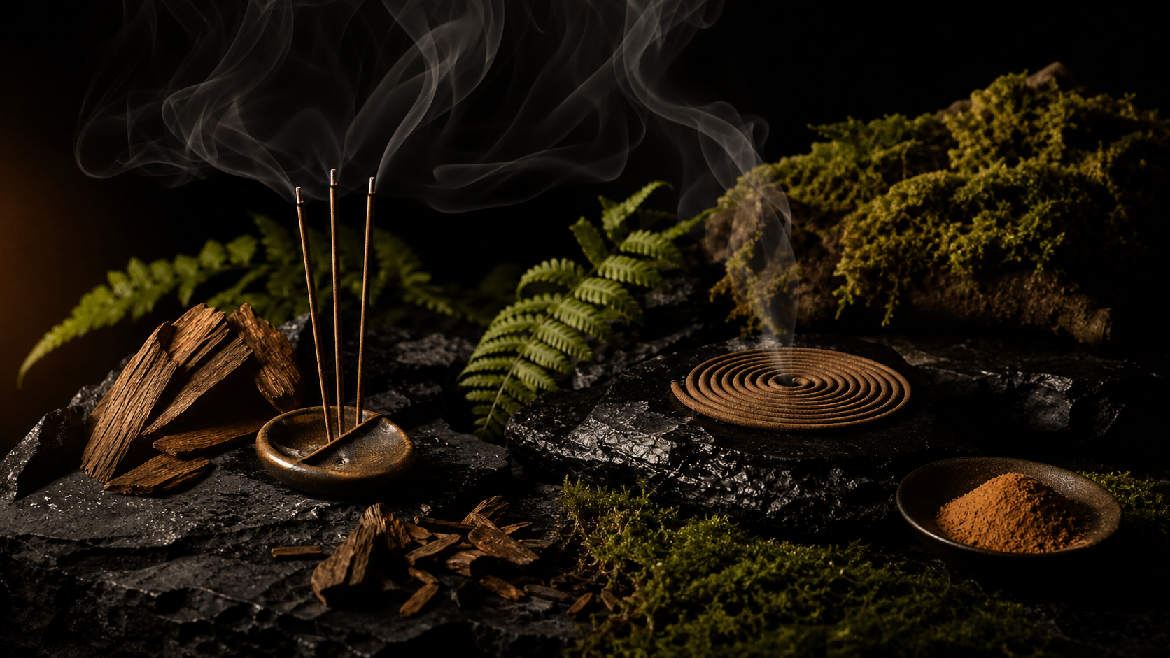 Dark Eastern incense with smoke, wood, ceramic, and shadow