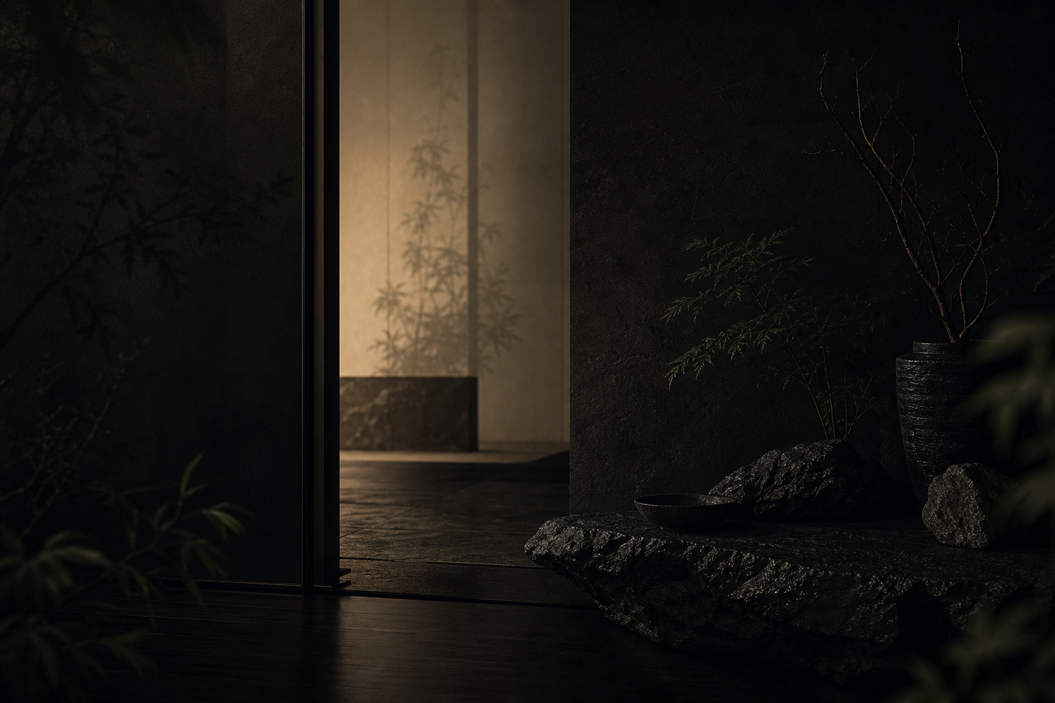 Dark Eastern room with stone, paper, botanical shadow, and threshold light