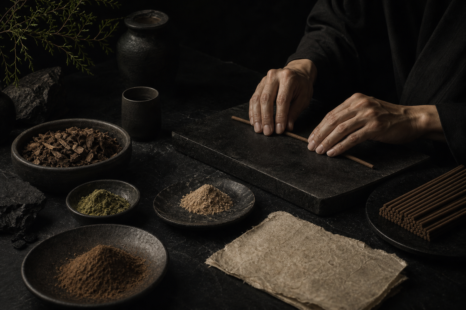 Dark luxury incense making process with artisan hands, wood chips, powders, and line incense