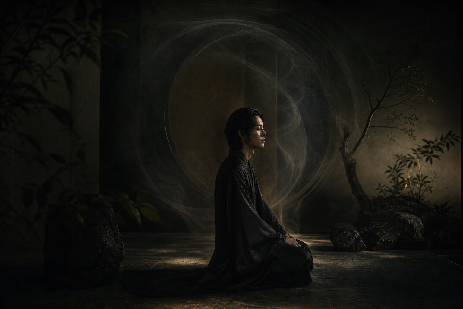 Dark ritual room with seated figure, soft atmosphere, and symbolic circular air movement