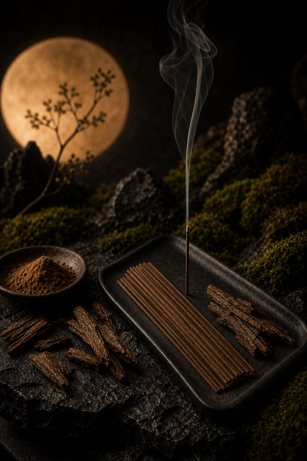 Dark Eastern incense ritual with sticks, smoke, wood, ceramic, moss, and warm circular light
