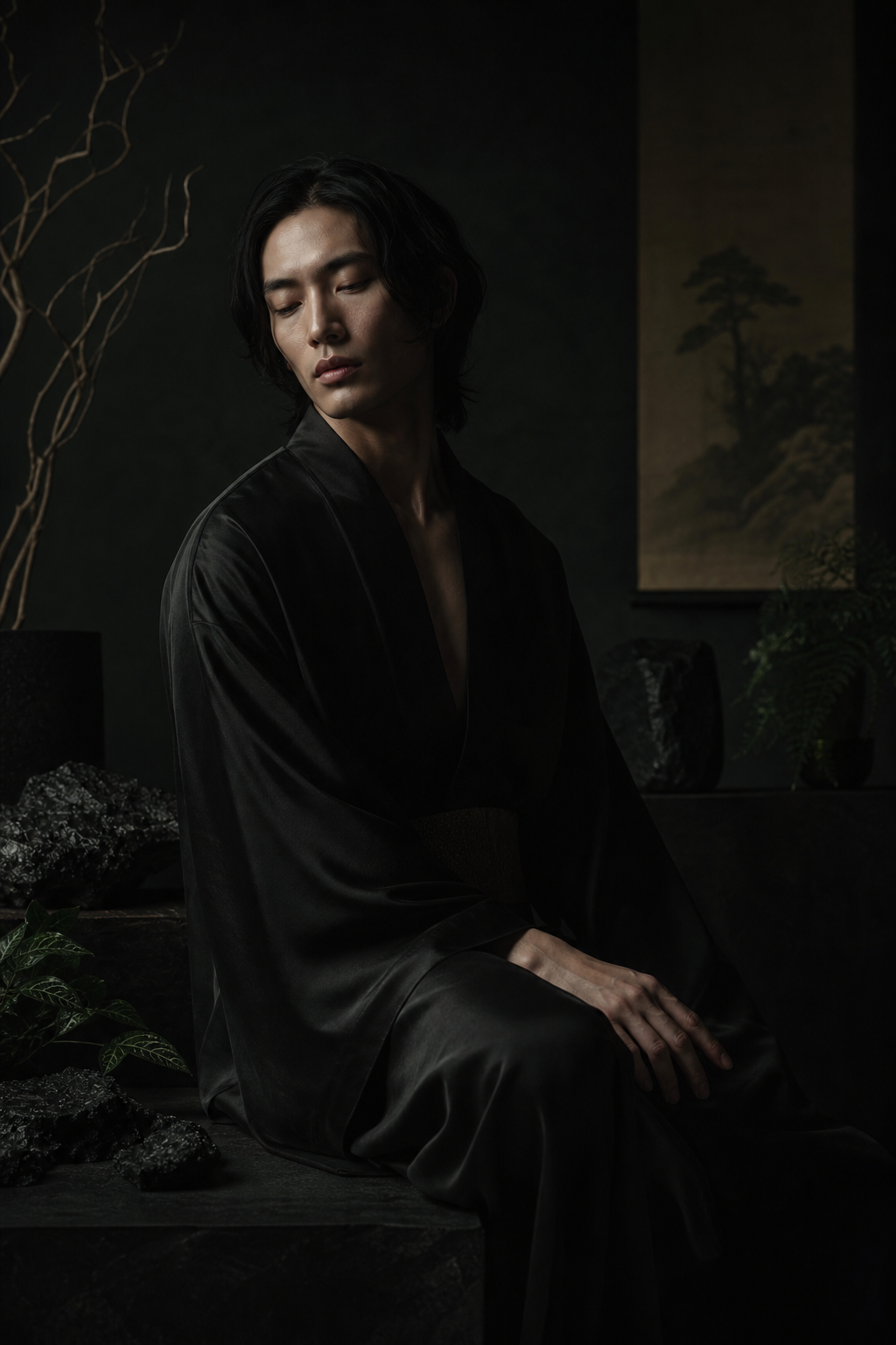 Ether Orient dark Eastern ritual portrait with black silk, stone, and botanical shadow