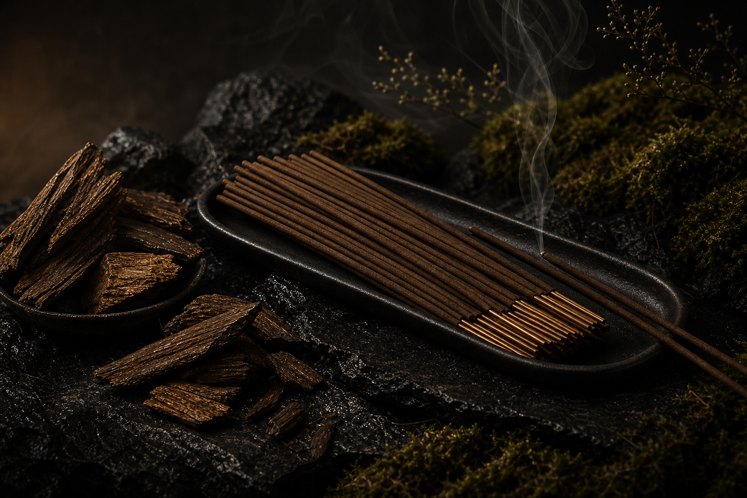 Wu Agarwood Line Incense on dark stone